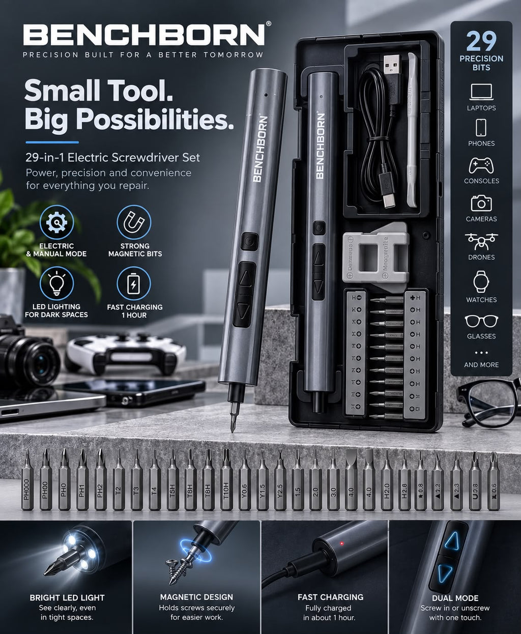 BENCHBORN™ 29-in-1 Precision Electric Screwdriver Kit