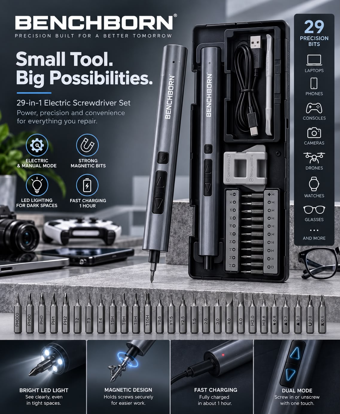 BENCHBORN™ 29-in-1 Precision Electric Screwdriver Kit