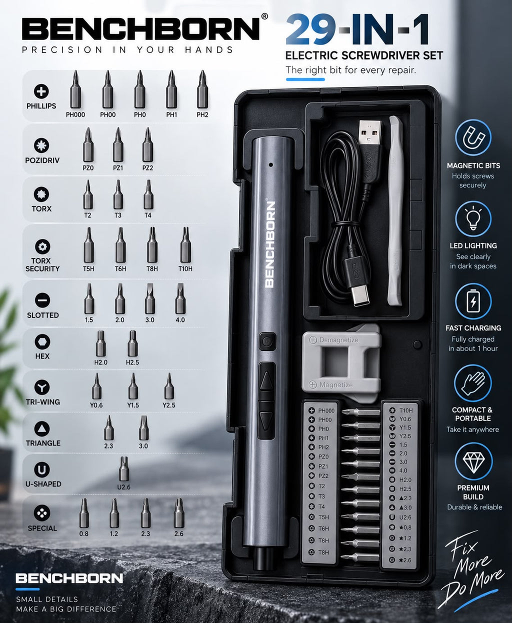 BENCHBORN™ 29-in-1 Precision Electric Screwdriver Kit